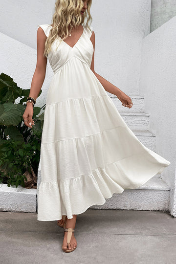 White Satin V Neck A Line Ruffled Long Summer Dress